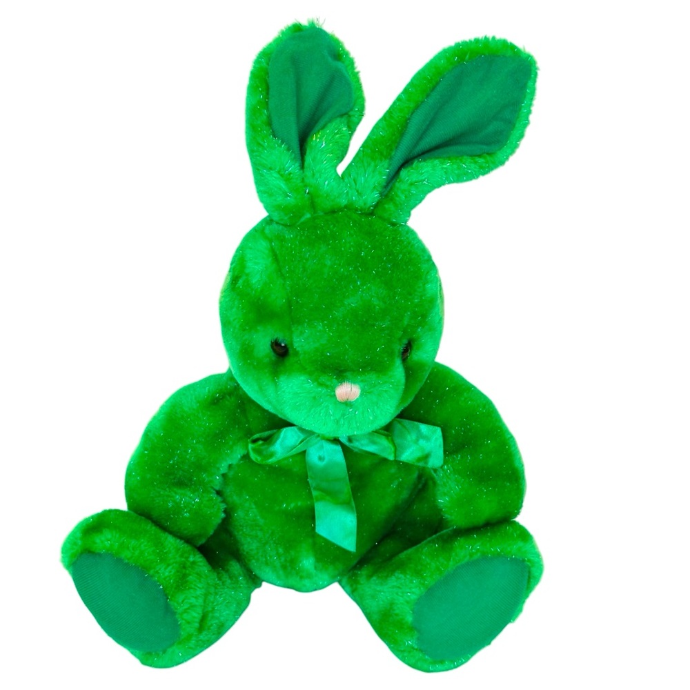 Tony Toy Green Bunny Rabbit Plush Stuffed Animal Toy Gr. Bow Silver Metallic 14"